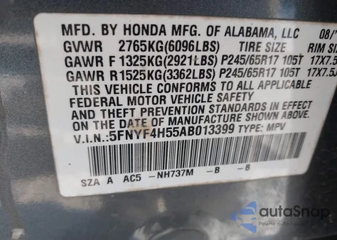 2010 Honda Pilot Ex-L z USA, uszkodzony, nr VIN 5FNYF4H55AB013399